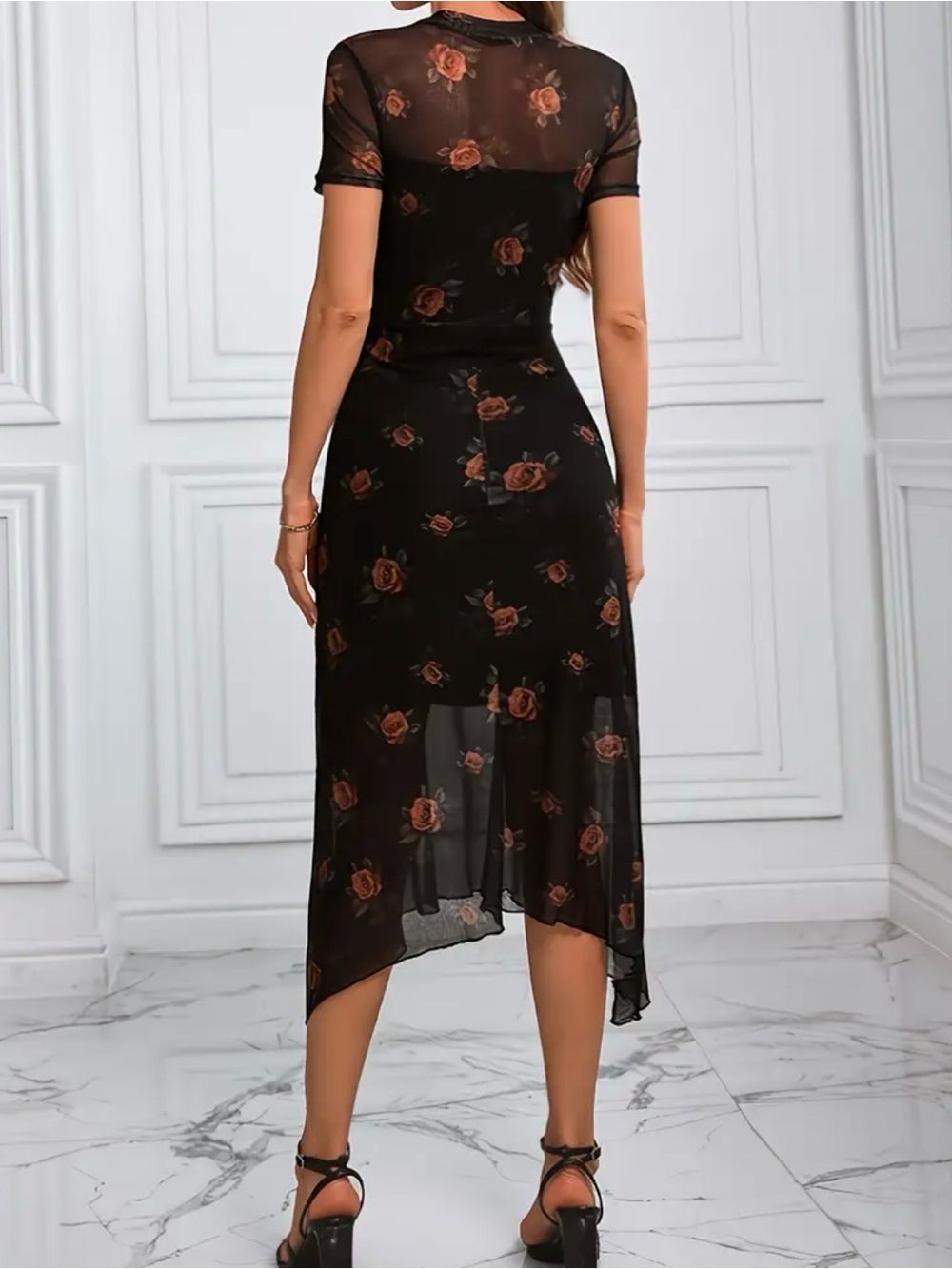 Black Floral High-Low Midi Dress with Rose Print - Picture 2 of 3